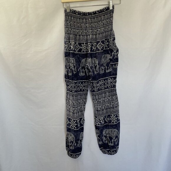 Bohemian Elephant Print Rayon Pants With Elastic Waist & Pockets Navy & White M - Picture 1 of 7